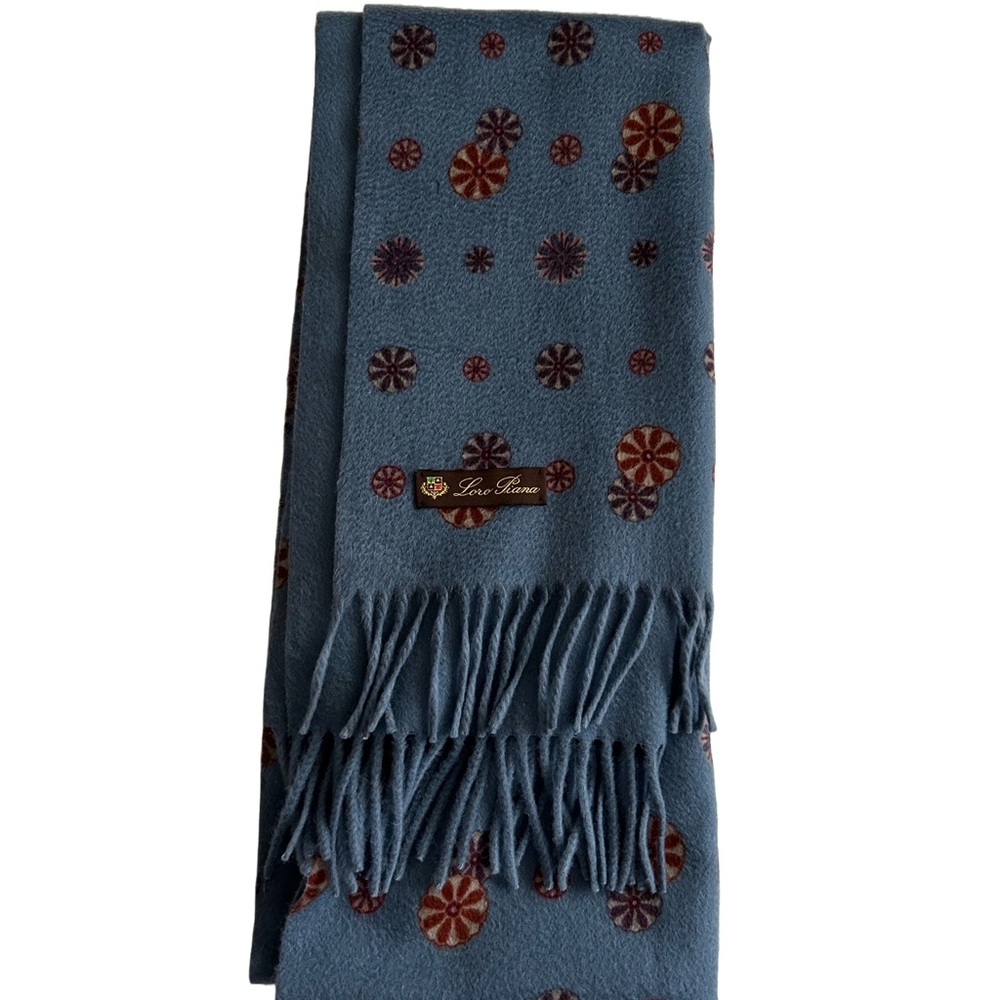 INCREDIBLE Loro Piana Pure Cashmere Ocean Blue Floral Fringe Scarf Shawl Tassel